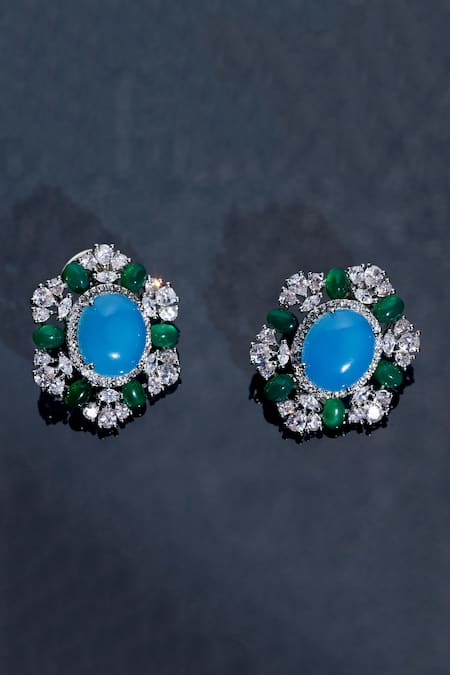 Shop_Modarta_Blue Stones, Smocking Swarovski Embellished Floral Cutwork Earrings _at_Aza_Fashions
