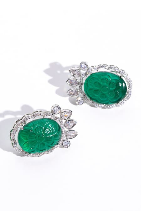 Shop Modarta Green Stones, Crystals Carved Cutwork Earrings at Aza Fashions Shop_Modarta_Green Stones, Crystals Carved Cutwork Earrings_at_Aza_Fashions