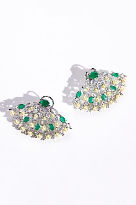 Shop Modarta Silver Plated Pearls, Smocking, Stones Japanese Fan Shaped Cutwork Earrings at Aza Fashions Shop_Modarta_Silver Plated Pearls, Smocking, Stones Japanese Fan Shaped Cutwork Earrings _at_Aza_Fashions