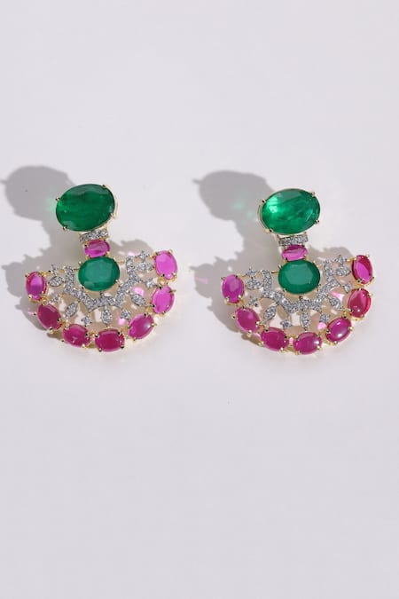 Shop_Modarta_Pink Stones, Smocking And Swarovski Embellished Earrings _at_Aza_Fashions