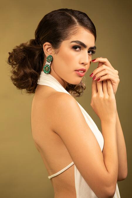 Buy_Modarta_Green Smocking, Stones Entangled Chain Dangler Earrings _Online_at_Aza_Fashions