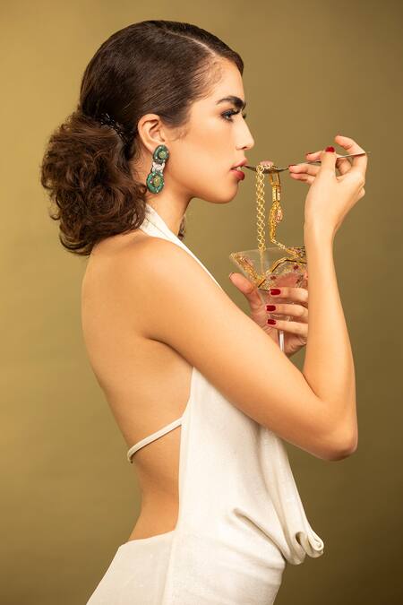Shop_Modarta_Green Smocking, Stones Entangled Chain Dangler Earrings _Online_at_Aza_Fashions