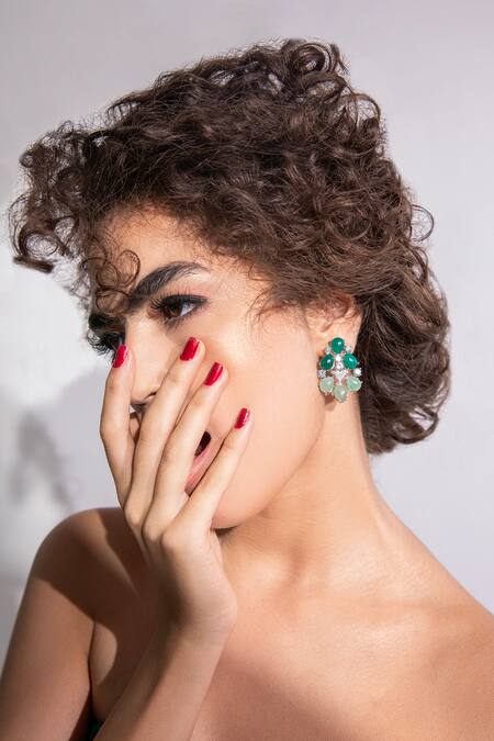 Buy Modarta Green Stones, Crystals Swarovski Embellished Cutwork Earrings Online at Aza Fashions Buy_Modarta_Green Stones, Crystals Swarovski Embellished Cutwork Earrings _Online_at_Aza_Fashions