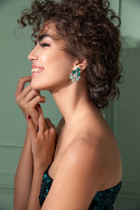 Shop Modarta Green Stones, Crystals Swarovski Embellished Cutwork Earrings Online at Aza Fashions Shop_Modarta_Green Stones, Crystals Swarovski Embellished Cutwork Earrings _Online_at_Aza_Fashions