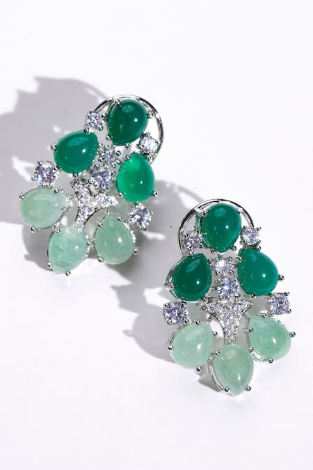 Shop Modarta Green Stones, Crystals Swarovski Embellished Cutwork Earrings at Aza Fashions Shop_Modarta_Green Stones, Crystals Swarovski Embellished Cutwork Earrings _at_Aza_Fashions