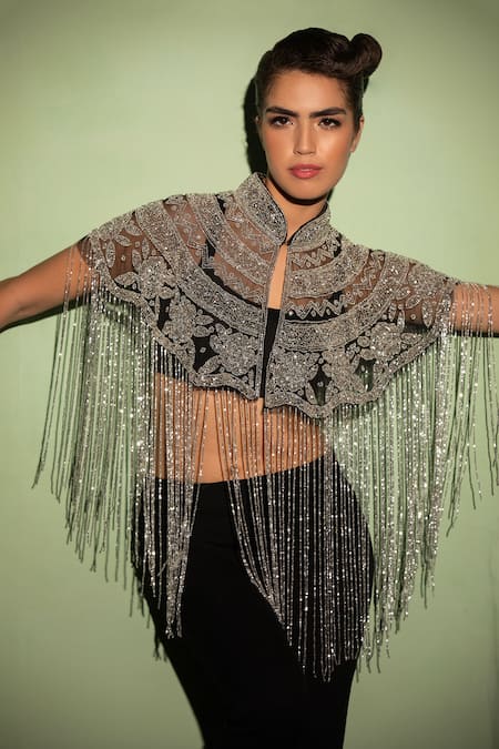 Shop Modarta Silver Bead Embellished Tasselled Cape at Aza Fashions Shop_Modarta_Silver Bead Embellished Tasselled Cape_at_Aza_Fashions