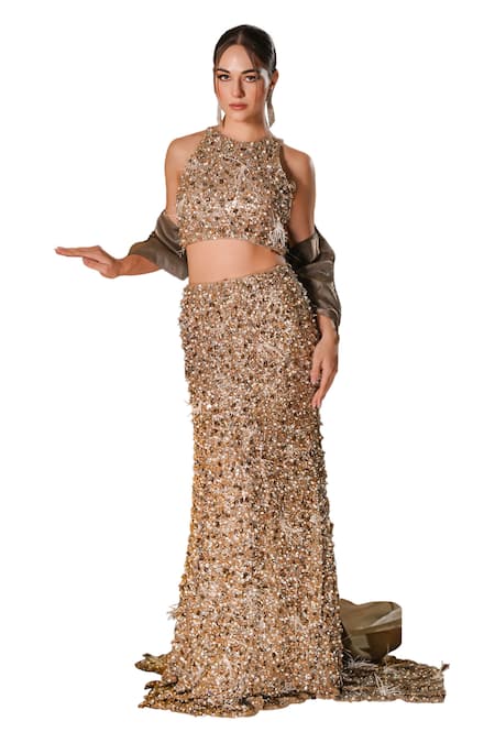 Buy Mehul Gupta Gold Net, Organza Pearl And Sequin Hand Embroidered Fish Cut Lehenga Blouse Set Buy_Mehul Gupta_Gold Net, Organza Pearl And Sequin Hand Embroidered Fish Cut Lehenga Blouse Set