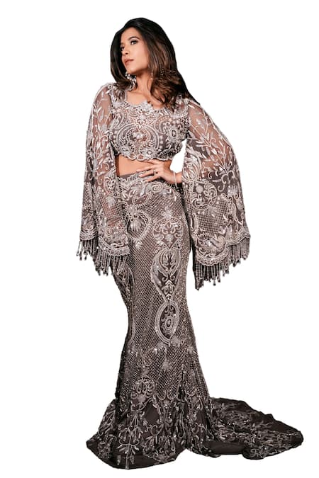 Shop Mehul Gupta Silver Net Sequins, Beads Scoop Hand Embroidered Fish Cut Lehenga With Blouse Online at Aza Fashions Shop_Mehul Gupta_Silver Net Sequins, Beads Scoop Hand Embroidered Fish Cut Lehenga With Blouse _Online_at_Aza_Fashions