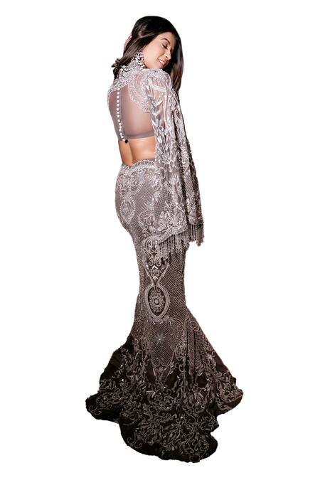 Shop Mehul Gupta Silver Net Sequins, Beads Scoop Hand Embroidered Fish Cut Lehenga With Blouse Shop_Mehul Gupta_Silver Net Sequins, Beads Scoop Hand Embroidered Fish Cut Lehenga With Blouse