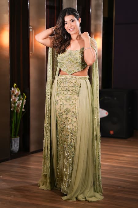 Mehul Gupta_Green Net Sequins, Pearls, Crystals Flower Hand Embroidered Lehenga With Blouse _Online_at_Aza_Fashions