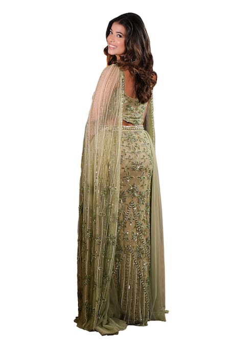 Mehul Gupta Green Net Sequins, Pearls, Crystals Flower Hand Embroidered Lehenga With Blouse at Aza Fashions Mehul Gupta_Green Net Sequins, Pearls, Crystals Flower Hand Embroidered Lehenga With Blouse _at_Aza_Fashions