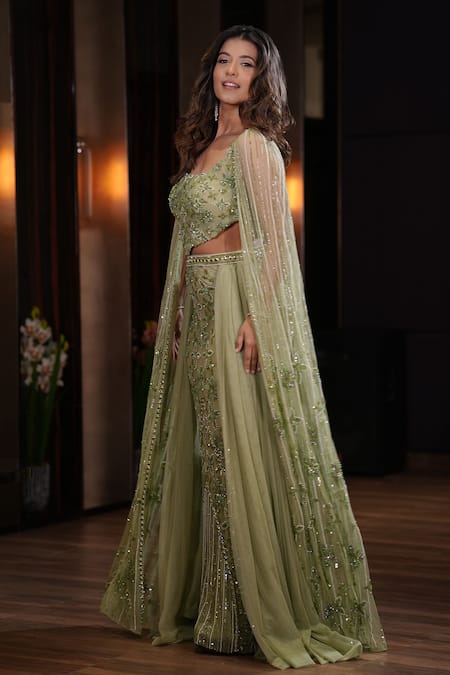 Buy_Mehul Gupta_Green Net Sequins, Pearls, Crystals Flower Hand Embroidered Lehenga With Blouse 