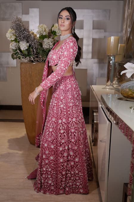 Shop Mehul Gupta Pink Net Sequins, Beads Square Neck Hand Embroidered Lehenga Set at Aza Fashions Shop_Mehul Gupta_Pink Net Sequins, Beads Square Neck Hand Embroidered Lehenga Set _at_Aza_Fashions