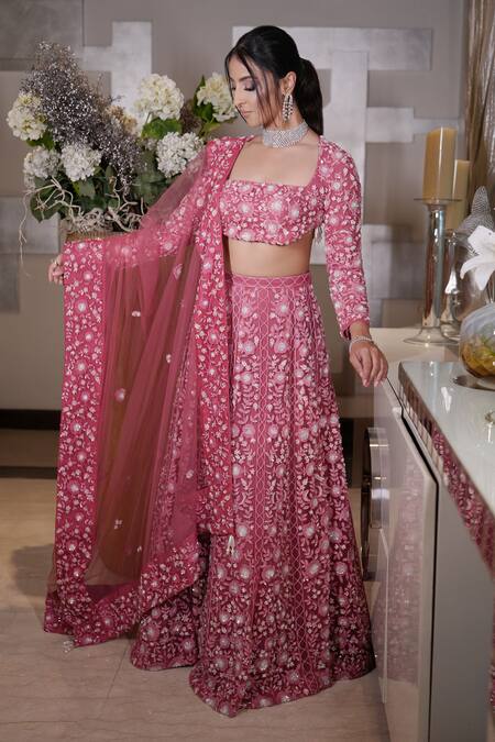 Shop Mehul Gupta Pink Net Sequins, Beads Square Neck Hand Embroidered Lehenga Set Online at Aza Fashions Shop_Mehul Gupta_Pink Net Sequins, Beads Square Neck Hand Embroidered Lehenga Set _Online_at_Aza_Fashions