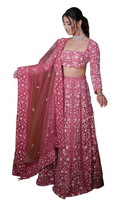 Mehul Gupta Pink Net Sequins, Beads Square Neck Hand Embroidered Lehenga Set at Aza Fashions Mehul Gupta_Pink Net Sequins, Beads Square Neck Hand Embroidered Lehenga Set _at_Aza_Fashions