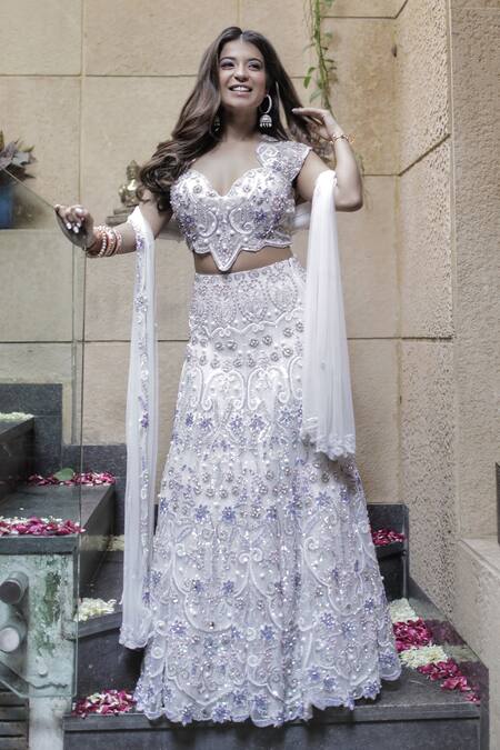 Mehul Gupta Ivory Net Pearls, Sequins, Crystals, Stones Hand Embroidered Lehenga Set Online at Aza Fashions Mehul Gupta_Ivory Net Pearls, Sequins, Crystals, Stones Hand Embroidered Lehenga Set _Online_at_Aza_Fashions