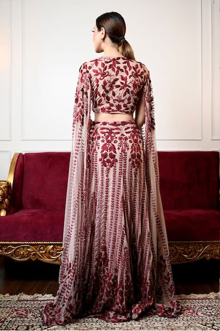 Shop Mehul Gupta Red Net, Lycra Sequins, Cut Work Hand Embroidered Lehenga With Cape Blouse at Aza Fashions Shop_Mehul Gupta_Red Net, Lycra Sequins, Cut Work Hand Embroidered Lehenga With Cape Blouse _at_Aza_Fashions