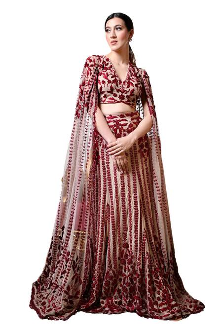 Mehul Gupta Red Net, Lycra Sequins, Cut Work Hand Embroidered Lehenga With Cape Blouse Online at Aza Fashions Mehul Gupta_Red Net, Lycra Sequins, Cut Work Hand Embroidered Lehenga With Cape Blouse _Online_at_Aza_Fashions