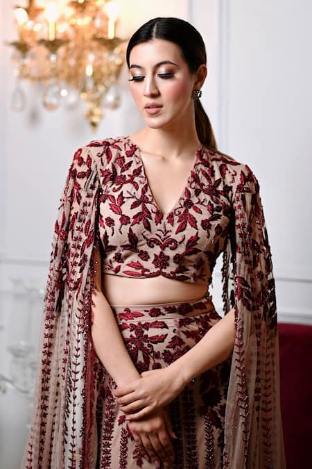 Buy Mehul Gupta Red Net, Lycra Sequins, Cut Work Hand Embroidered Lehenga With Cape Blouse Online at Aza Fashions Buy_Mehul Gupta_Red Net, Lycra Sequins, Cut Work Hand Embroidered Lehenga With Cape Blouse _Online_at_Aza_Fashions