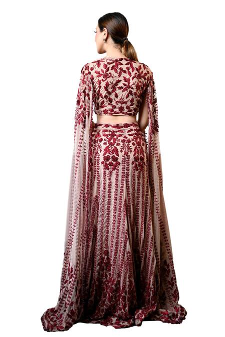 Shop Mehul Gupta Red Net, Lycra Sequins, Cut Work Hand Embroidered Lehenga With Cape Blouse Online at Aza Fashions Shop_Mehul Gupta_Red Net, Lycra Sequins, Cut Work Hand Embroidered Lehenga With Cape Blouse _Online_at_Aza_Fashions