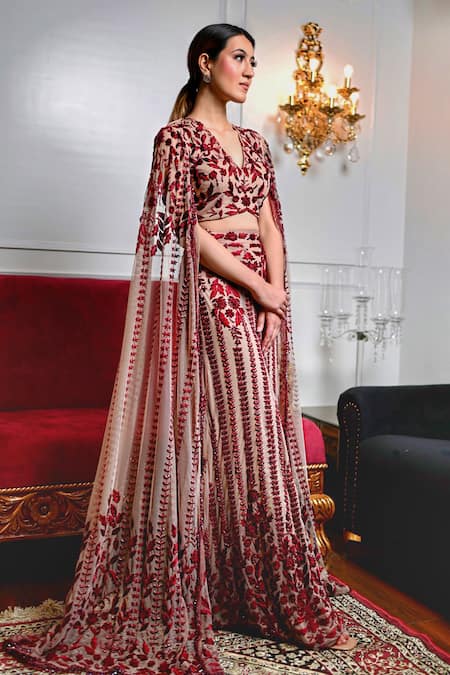 Mehul Gupta Red Net, Lycra Sequins, Cut Work Hand Embroidered Lehenga With Cape Blouse at Aza Fashions Mehul Gupta_Red Net, Lycra Sequins, Cut Work Hand Embroidered Lehenga With Cape Blouse _at_Aza_Fashions