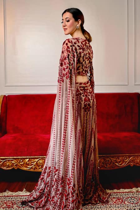 Buy Mehul Gupta Red Net, Lycra Sequins, Cut Work Hand Embroidered Lehenga With Cape Blouse Buy_Mehul Gupta_Red Net, Lycra Sequins, Cut Work Hand Embroidered Lehenga With Cape Blouse