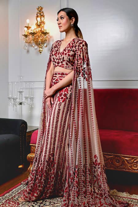 Shop Mehul Gupta Red Net, Lycra Sequins, Cut Work Hand Embroidered Lehenga With Cape Blouse Shop_Mehul Gupta_Red Net, Lycra Sequins, Cut Work Hand Embroidered Lehenga With Cape Blouse