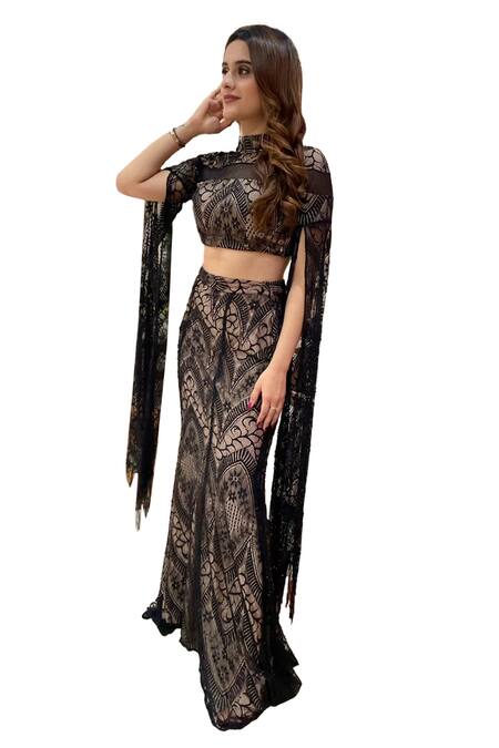 Mehul Gupta Black Embroidery, High Abstract Work Fish Cut Lehenga With Blouse at Aza Fashions Mehul Gupta_Black Embroidery, High Abstract Work Fish Cut Lehenga With Blouse _at_Aza_Fashions