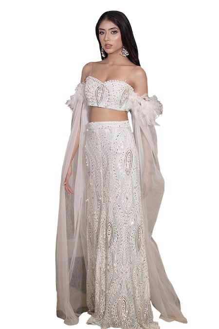 Mehul Gupta Ivory Lace Pearls, Sequins, Feathers Hand Embroidered Lehenga With Blouse Online at Aza Fashions Mehul Gupta_Ivory Lace Pearls, Sequins, Feathers Hand Embroidered Lehenga With Blouse _Online_at_Aza_Fashions