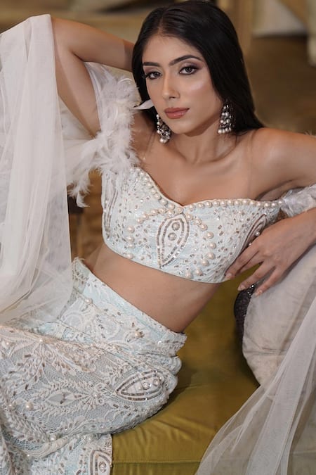 Shop_Mehul Gupta_Ivory Lace Pearls, Sequins, Feathers Hand Embroidered Lehenga With Blouse _Online_at_Aza_Fashions