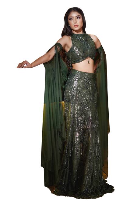 Mehul Gupta Green Lace Cut Work, Crystals Round Neck Hand Embroidered Lehenga Blouse Set Online at Aza Fashions Mehul Gupta_Green Lace Cut Work, Crystals Round Neck Hand Embroidered Lehenga Blouse Set _Online_at_Aza_Fashions