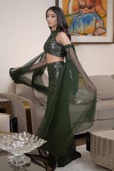 Shop Mehul Gupta Green Lace Cut Work, Crystals Round Neck Hand Embroidered Lehenga Blouse Set Online at Aza Fashions Shop_Mehul Gupta_Green Lace Cut Work, Crystals Round Neck Hand Embroidered Lehenga Blouse Set _Online_at_Aza_Fashions