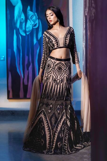 Shop Mehul Gupta Black Net, Lycra Cut Work, Sequins Square Geometric Hand Embroidered Lehenga Set Online at Aza Fashions Shop_Mehul Gupta_Black Net, Lycra Cut Work, Sequins Square Geometric Hand Embroidered Lehenga Set _Online_at_Aza_Fashions