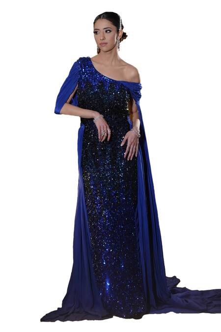 Mehul Gupta Blue Net, Satin Sequins Asymmetric Hand Embroidered Trail Gown Online at Aza Fashions Mehul Gupta_Blue Net, Satin Sequins Asymmetric Hand Embroidered Trail Gown_Online_at_Aza_Fashions