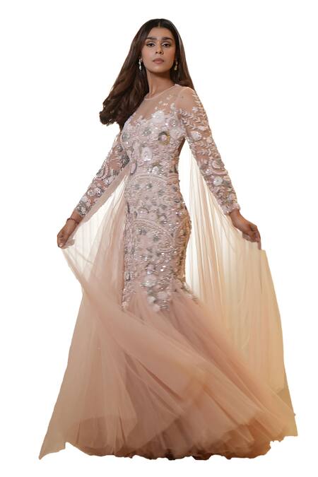 Shop_Mehul Gupta_Pink Net Hand Embroidery Reflecting Beads Round Neck Mermaid Gown_Online_at_Aza_Fashions