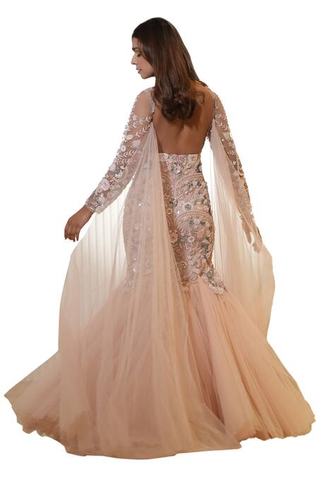 Mehul Gupta_Pink Net Hand Embroidery Reflecting Beads Round Neck Mermaid Gown_at_Aza_Fashions