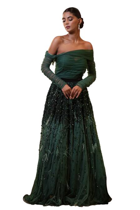 Mehul Gupta Green Net Hand Embroidery Stones Asymmetric Neck Anarkali Gown Online at Aza Fashions Mehul Gupta_Green Net Hand Embroidery Stones Asymmetric Neck Anarkali Gown_Online_at_Aza_Fashions