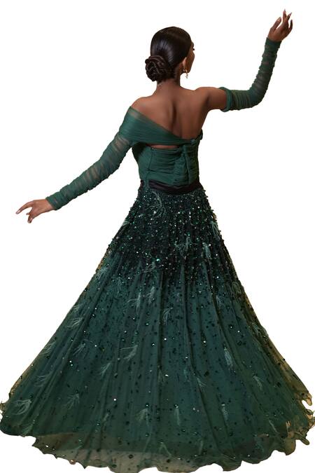 Buy Mehul Gupta Green Net Hand Embroidery Stones Asymmetric Neck Anarkali Gown Buy_Mehul Gupta_Green Net Hand Embroidery Stones Asymmetric Neck Anarkali Gown