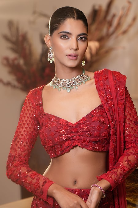 Mehul Gupta_Red Net, Lycra Embroidery, Sequins, Beads Floral Hand Mermaid Lehenga Set _Online_at_Aza_Fashions