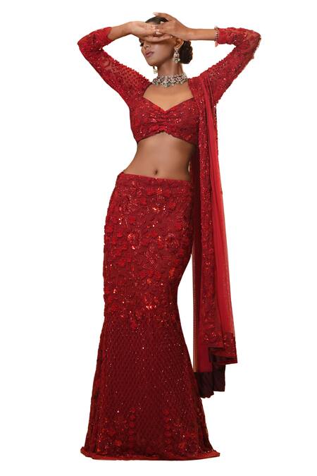 Mehul Gupta Red Net, Lycra Embroidery, Sequins, Beads Floral Hand Mermaid Lehenga Set at Aza Fashions Mehul Gupta_Red Net, Lycra Embroidery, Sequins, Beads Floral Hand Mermaid Lehenga Set _at_Aza_Fashions