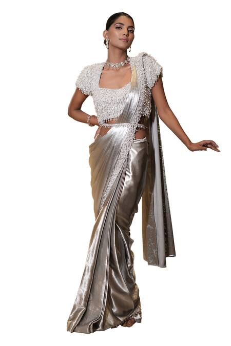 Buy_Mehul Gupta_Silver Linen, Silk, Satin Tassels Pre-stitched Saree With Embellished Blouse _Online_at_Aza_Fashions