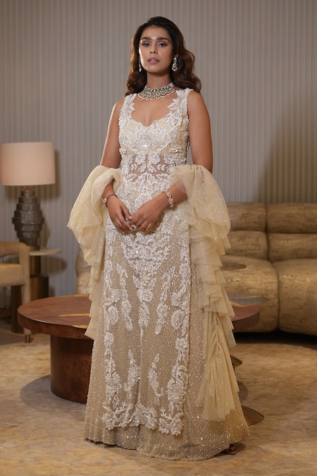 Buy_Mehul Gupta_Cream Net Sequins, Embroidery Sweetheart Neck Floral Hand Tunic Sharara Set _Online_at_Aza_Fashions
