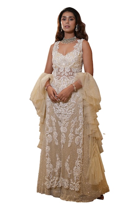 Shop Mehul Gupta Cream Net Sequins, Embroidery Sweetheart Neck Floral Hand Tunic Sharara Set Online at Aza Fashions Shop_Mehul Gupta_Cream Net Sequins, Embroidery Sweetheart Neck Floral Hand Tunic Sharara Set _Online_at_Aza_Fashions