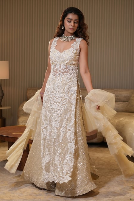 Mehul Gupta_Cream Net Sequins, Embroidery Sweetheart Neck Floral Hand Tunic Sharara Set _at_Aza_Fashions