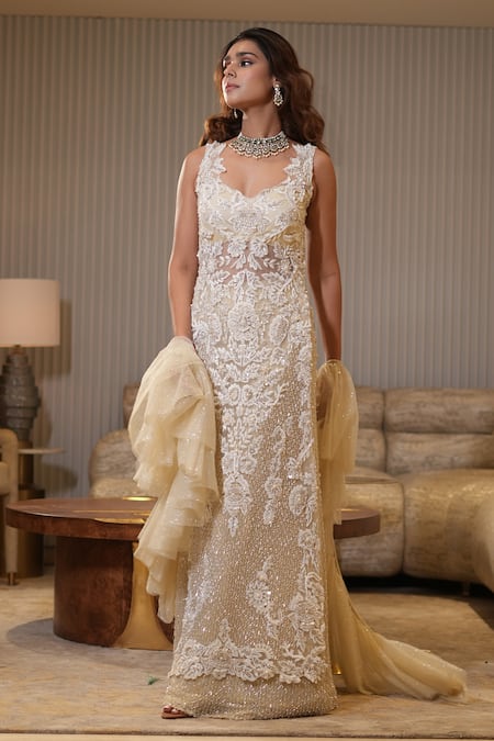 Buy_Mehul Gupta_Cream Net Sequins, Embroidery Sweetheart Neck Floral Hand Tunic Sharara Set 