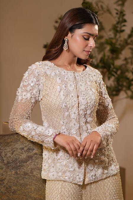 Mehul Gupta_Cream Net Embroidery, Pearls, Sequins, Floral Hand Short Tunic With Sharara _Online_at_Aza_Fashions