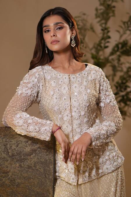 Buy_Mehul Gupta_Cream Net Embroidery, Pearls, Sequins, Floral Hand Short Tunic With Sharara _Online_at_Aza_Fashions