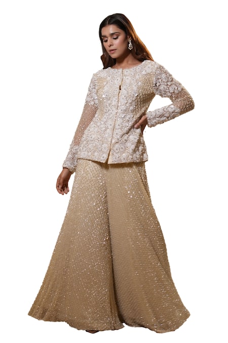 Shop_Mehul Gupta_Cream Net Embroidery, Pearls, Sequins, Floral Hand Short Tunic With Sharara _Online_at_Aza_Fashions