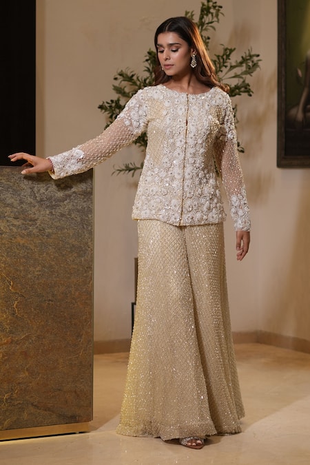 Mehul Gupta_Cream Net Embroidery, Pearls, Sequins, Floral Hand Short Tunic With Sharara _at_Aza_Fashions