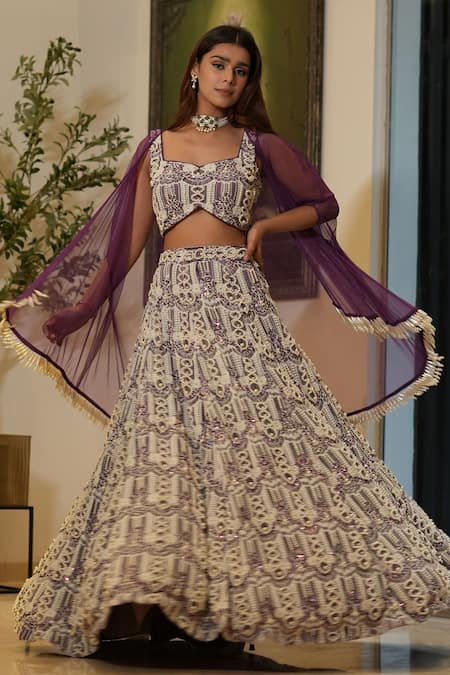 Shop_Mehul Gupta_Purple Lace Sequins, Beads Sweetheart Neck Hand Embroidered Lehenga Cape Set _at_Aza_Fashions